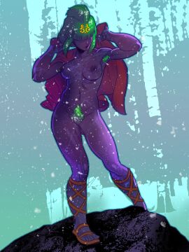 absurdres armpit_hair breasts cape colored_skin excessive_pubic_hair female female_pubic_hair forest gladiator_sandals green_hair highres lips mohawk naked_cape nature neal_d._anderson nipples nude original pubic_hair purple_skin red_cape rock sandals snow snowflakes