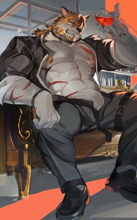 abs absurd_res alcohol anthro band-aid band-aid_on_nipple bandage beard beverage bottomwear bulge canid canine clothing dur facial_hair footwear hair hi_res male mammal mole_hm muscular muscular_anthro muscular_male pants pecs scar shoes sitting solo teeth underwear wine