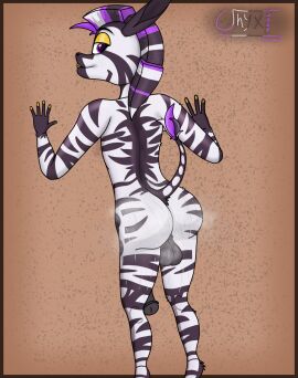 alhazred_(ralek) anthro ass balls big_ass big_butt bodily_fluids equid equine fur genitals hair hi_res male mammal multicolored_hair musk musk_clouds musky_balls musky_butt musky_penis nude onyxmeow penis rear_view solo striped_body striped_fur stripes sweat zebra