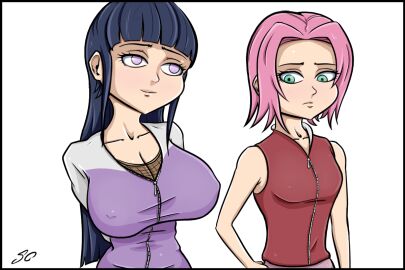 2girls annoyed armpit_peek big_breasts blue_hair breast_envy breast_focus breast_size_difference breasts breasts_bigger_than_head bulging_breasts busty clothed clothed_female clothing envy female female_only flat_chest fully_clothed huge_breasts human hyuuga_hinata jealous large_breasts looking_at_another looking_at_breasts looking_down massive_breasts medium_breasts multiple_females multiple_girls naruto naruto_(series) naruto_shippuden nipple_bulge peeping pink_hair sakura_haruno shocked size_difference small_breasts surprised sussychan tight_clothing tiny_breasts unaware white_background
