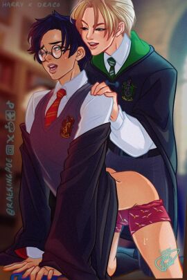 anal_sex arched_back ass bent_over_table black_hair blonde_hair boxers clothed_sex draco_malfoy gay glasses gryffindor gryffindor_tie hand_on_shoulder harry_james_potter harry_potter hogwarts_robe hogwarts_school_uniform male male/male male_only penis penis_in_ass ratkingpoe slytherin slytherin_tie submissive_male sweaty_thighs twink