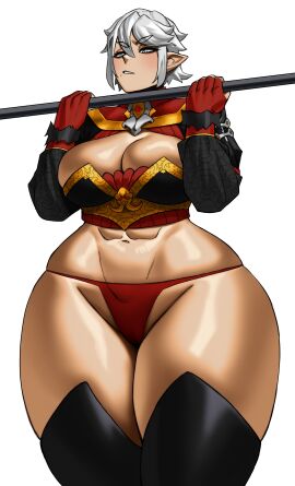 1girls absurd_res aqua_eyes big_breasts breasts commission female female_only legwear mole mole_under_mouth narrowed_eyes pointy_ears solo sotcho thick_thighs thong toned toned_female white_background white_hair wide_hips