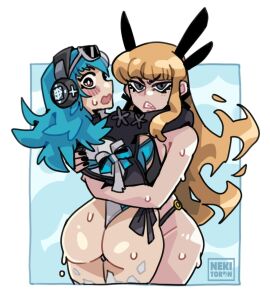 2girls asian_female ass blonde_hair blue_eyes blue_hair blush breasts headphones hug korean_female large_breasts light_skin long_hair looking_at_viewer luna_snow luna_snow_(cool_summer) luna_snow_(marvel_rivals) marvel marvel_comics marvel_rivals multicolored_hair multiple_girls mutant_(marvel) nekitoototo official_alternate_costume one-piece_swimsuit russian_girl split-color_hair sunglasses swimsuit two-tone_hair white_hair yuri