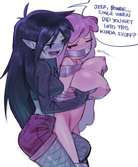 2girls adventure_time big_breasts black_hair bondage breast_grab breasts breasts_out cartoon_network dialogue duct_tape duct_tape_gag duo english_text fangs female fishnets gag goth goth_girl grey_body grey_skin grinding groping groping_breasts groping_from_behind long_hair marceline nipples pink_body pink_hair pink_skin pointy_ears princess princess_bubblegum sharp_teeth shelftray shorts simple_background speech_bubble tape tape_bondage tape_gag text vampire vampire_girl white_background yuri