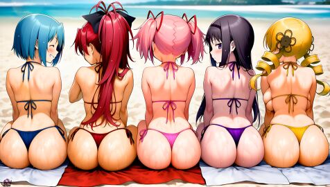 5girls ai_generated akemi_homura artist_logo ass ass_focus beach big_ass big_butt bikini black_hair black_ribbon blue_eyes blue_hair blush bubble_ass bubble_butt butt_focus closed_eyes cute day daytime drill_hair hair_ribbon hi_res long_hair long_ponytail looking_at_viewer looking_back looking_back_at_viewer madoka_kaname madoka_worship magical_girl mahou_shoujo_madoka_magica miki_sayaka multiple_girls pink_eyes pink_hair ponytail puella_magi_madoka_magica purple_eyes red_eyes red_hair red_ribbon ribbon ribbons round_ass round_butt sakura_kyouko short_hair sitting smile straight_hair sunny thick_ass thick_thighs thong tomoe_mami twin_drills twintails water water_drop yellow_eyes yellow_hair