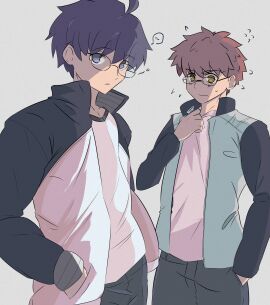 2boys 2d ahoge black-framed_eyewear black_keys_(type-moon) crossover emiya_shirou fate/stay_night fate_(series) female gakuran glasses highres igote male melty_blood mixed_maids monochrome multiple_boys multiple_males orange_hair raglan_sleeves red_hair school_uniform shokobr sweater tohno_shiki tsukihime tsukihime_(remake) type-moon white_sweater