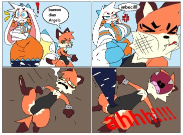 1boy 1girls angela_(atlyss) angela_flux_(kiseff) angry ass atlyss boob_window breasts buenos_dias_mandy clothed clothing comic dialogue fat_ass female furry hurt kubold_(atlyss) large_breasts mad male meme pain screaming shocked sideboob slap slap_mark smacking_ass spanish_text thick_thighs xexeezy