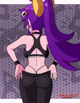 ahoge animated ass ass_cleavage ass_crack ass_focus back backboob bare_shoulders bent_over breasts butt_crack downpants female from_behind hair_ornament huge_ass jewelry large_breasts long_hair looping_animation original panties pants purple_hair sarukaiwolf shiny_skin sidelocks skull_hair_ornament solo sports_bra thighs thong tight_clothes tight_pants underwear violentine_(sarukaiwolf) whale_tail_(clothing) yoga_pants