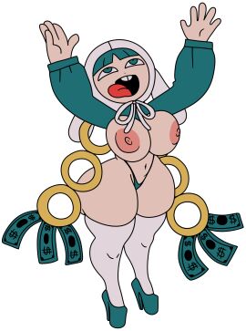 arms_up big_breasts breasts curvy edit female high_heels kawa_(underfity) looking_up money nipples open_mouth png thecon thick_thighs underfity