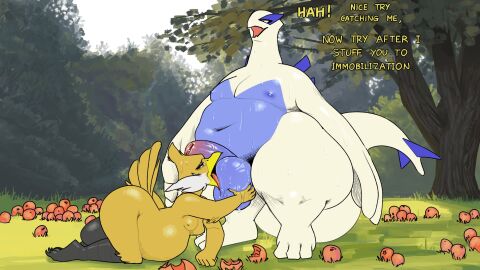 16:9 anthro apple avian balls balls_lick belly big_belly big_penis bird bodily_fluids duo female food fruit generation_2_pokemon genitals hi_res holding_head huge_belly huge_thighs legendary_pokemon licking lugia male male/female nintendo oral overweight penis plant pokemon pokemon_(species) sex splashyu sweat sweaty_genitalia thick_thighs tongue widescreen