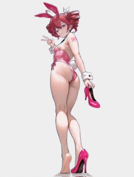 1girls 2d 2d_(artwork) ahoge arm_tattoo ass back back_view big_ass big_thighs breasts bunny_ears bunny_girl bunny_tail bunnysuit curvaceous curvy curvy_female curvy_figure detached_cuffs feet female female_only hair_ornament hairbow heels heels_removed high_heels kasane_teto kasane_teto_(sv) large_ass large_thighs latex_clothing latex_leotard leotard looking_at_viewer looking_back low-angle_view lucasafontes nail_polish painted_nails peace_sign petite petite_body petite_female playboy_bunny red_eyes red_hair shiny_clothes shiny_skin simple_background skinny skinny_female slim_girl slim_waist small_breasts soles solo solo_female synthesizer_v thick_thighs thighs twin_drills utau white_background wide_hips