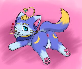 3_fingers 3_toes anus ass blue_body blue_eyes blue_fur bodily_fluids cookid domestic_cat feet felid feline felis female feral fingers fur genital_fluids genitals heart_symbol humanoid_genitalia humanoid_genitalia_on_feral humanoid_vulva humanoid_vulva_on_feral inner_ear_fluff jewelry league_of_legends looking_at_viewer lying mammal markings neck_tuft on_front one_eye_closed pawpads pink_nose pink_pawpads presenting presenting_hindquarters pussy rear_view riot_games solo tail tencent toes tuft vaginal_fluids vulva whiskers wink yellow_markings yuumi_(lol)