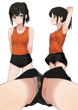 aqua_eyes arm_up armpits arms_at_sides bar_censor black_hair black_shorts blush breasts censored closed_mouth clothing_aside collarbone expressionless female female_pubic_hair grey_panties highres itsuki_nofuji looking_at_viewer medium_hair multiple_views orange_tank_top original panties panties_aside pantyshot petite ponytail pubic_hair pussy short_shorts shorts sideways_glance simple_background small_breasts standing tank_top underwear upshorts white_background