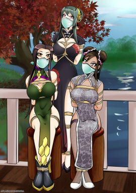 3girls arms_tied_behind_back asian_clothing asian_female big_breasts black_dress black_hair bondage bound breasts brown_eyes brown_hair cheongsam china_dress cleavage_cutout clouds crossover double_bun dress female female_only femsub final_fantasy final_fantasy_vii fishnets fully_clothed gag gagged grass green_dress grey_dress hair_bun hairband high_heels human large_breasts legs_tied looking_at_viewer multiple_females multiple_girls ost_horai outside over_the_nose_gag plasma-dragon red_eyes rope rope_between_breasts rope_bondage shibari_over_clothes sitting sky spy_x_family standing tate_no_yuusha_no_nariagari tifa_lockhart trees water white_female yor_briar