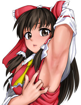 armpit_fetish armpits black_hair blush brown_eyes female looking_at_viewer nobuhiro_(mochi) one_arm_up presenting presenting_armpit ray-raw reimu_hakurei sideboob touhou