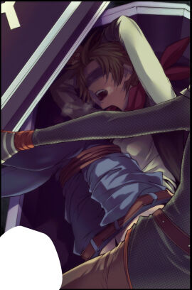 2boys armor arms_tied_above_head arms_up belt black_vest blank_speech_bubble blindfold blonde_hair blue_pants bondage bound bound_arms bound_legs brown_belt brown_gloves chainmail clothes_pull coffin commentary_request convenient_censoring dragon_quest dragon_quest_builders_2 gloves head_out_of_frame heavy_breathing highres lying male male_builder_(dqb2) male_focus matudairaks multiple_boys multiple_males neckerchief on_side open_mouth pants pants_pull red_neckerchief rick_(dqb2) sex shirt solo_focus speech_bubble spiked_hair tears vest white_shirt yaoi yellow_pants