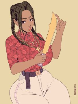 1girls 2d 2d_(artwork) belt big_breasts braided_hair braided_twintails breasts brown_eyes brown_hair clothed_female clothing cross_necklace digital_drawing_(artwork) digital_media_(artwork) female female_only floral_print floral_shirt holding_sword human human_only large_breasts looking_at_viewer matching_hair_and_eye_color munroe_(youngcloudyj) nose_piercing oc original_character pants parted_lips short_sleeved_shirt short_sleeves simple_background solo solo_female tan_skin tanned_skin zhennith