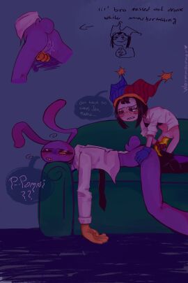 5_fingers absurd_res alternate_costume andromorph anthro blush bodily_fluids bottomwear bottomwear_down clothed clothing collared_shirt dress_shirt duo eyelashes fingers genital_fluids genitals glitch_productions gynomorph hi_res humanoid intersex intersex/intersex jax_(tadc) lagomorph larger_andromorph larger_intersex leporid mammal masturbation necktie one_eye_closed pants pants_down partially_clothed penis pomni_(tadc) questionable_consent rabbit sex shirt size_difference sleep_molestation sleep_sex sleeping smaller_gynomorph smaller_intersex smug_grin speech_bubble tentacle the_amazing_digital_circus tired topwear unusual_anatomy unusual_genitalia unusual_penis vaginal_fluids vaginal_masturbation vaginal_penetration wormmourner