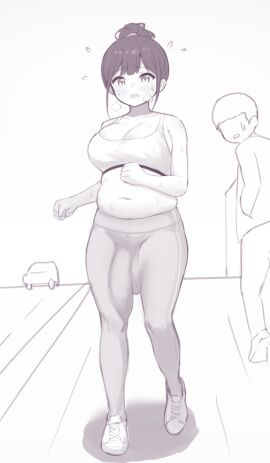 1boy 1futa 2024 balls bangs belly big_balls big_breasts big_penis big_testicles blush breasts breath bulge bulge_down_leg chubby chubby_futa cleavage clothed clothing cock_outline dickgirl dickgirl/male exercise exercise_clothing flaccid fully_clothed futa_focus futanari going_commando grey_background greyscale hair_bun huge_cock human intersex jogging male midriff minishell monochrome navel pants penis plump public short_hair simple_background skin_tight sneakers solo_focus sports_bra standing sweat testicles white_background yoga_pants