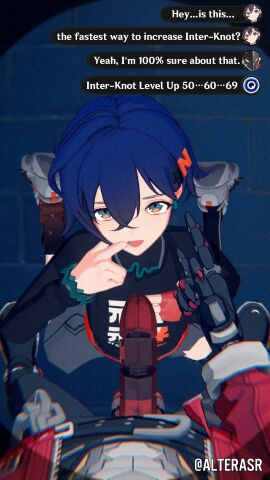 1boy 1girls 3d alterasr belle_(zenless_zone_zero) billy_kid_(zenless_zone_zero) blender blue_hair chat clothed female female_focus holding_mouth kneeling male mechanical_arms open_mouth penis penis_on_face penis_out short_hair text zenless_zone_zero