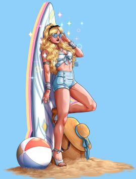 1girls adjusting_eyewear alison_blaire artist_signature beach_ball blonde_hair breasts busty celebrity cleavage dazzler eye_makeup female heart_sunglasses high_heels light-skinned_female light_skin marvel marvel_comics mutant padawan_carol real_person red_lipstick sabrina_carpenter short_shorts shorts sparkles sunglasses superheroine surfboard tied_shirt tinted_eyewear x-men