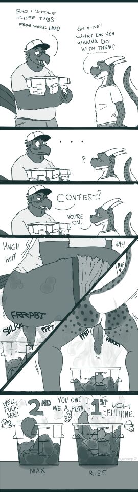 2021 absurd_res anthro artist_name ass avian balls baseball_cap beak bird bottomwear bottomwear_down character_name clothing comic competition competitive competitive_bet corvid corvus_(genus) crouching crow dated dialogue dragon duo ellipsis english_text eyebrows fart fart_cloud feathers feces feces_in_bucket feces_pile genitals hat headgear headwear heart_after_text heart_symbol hi_res holding_object horn looking_at_another looking_down male markings max_(oversheep) monochrome mythological_creature mythological_scalie mythology open_beak open_mouth open_smile oscine oversheep passerine pooping_in_bucket profanity raised_eyebrows raised_tail rise_(poverizer) scales scalie scat scatplay shirt simple_background smile sound_effects spots spotted_body spotted_scales standing tail tail_feathers teeth text topwear