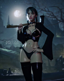 1girls 3d areola_slip areolae axe black_hair breasts female hand_on_hip hatchet jenna_ortega panties pristinerenders solo the_addams_family wednesday_(netflix) wednesday_addams