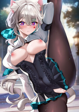animal_ears ass bangs black_legwear blurry blurry_background blurry_foreground blush breasts cat_ears cat_tail checkered depth_of_field dress eyebrows_visible_through_hair female frills genshin_impact gloves hair_between_eyes heart heart-shaped_pupils large_breasts leg_lift leg_up long_hair long_sleeves looking_at_viewer lynette_(genshin_impact) medium_breasts necktie nipples panties pantyhose purple_eyes silver_hair skirt solo splits squchan standing symbol-shaped_pupils tail underwear