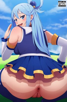 1girls anus aqua_(konosuba) ass asshole blue_eyes blue_hair bottomless bottomless_skirt clothed female female_only kono_subarashii_sekai_ni_shukufuku_wo! looking_at_viewer looking_back_at_viewer microskirt miniskirt no_panties ohdax pussy skirt smile smug smug_face smug_smile solo