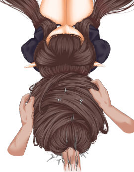 absurdres bare_legs bebekp brown_hair closed_eyes disembodied_hand disembodied_penis fate/apocrypha fate_(series) female from_above grabbing_another's_hair hair_bun hair_flowing_over hair_focus hairjob highres holding_another's_hair jacket long_hair male penis pointy_ears semiramis_(fate) simple_background single_hair_bun sitting suit_jacket very_long_hair white_background