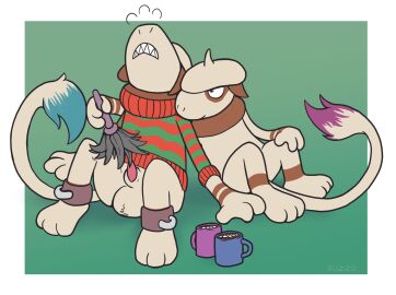 2022 ambiguous_gender anthro anthro_only balls beverage breath brown_markings candy chocolate christmas christmas_clothing christmas_sweater christmas_topwear cleaning_tool clenched_teeth clothing cuff_(restraint) dessert duo feather_duster food fuzzo generation_2_pokemon genitals half-erect head_back hi_res holidays hot_chocolate male male/ambiguous markings nintendo penis pokemon pokemon_(species) restraints simple_background sitting smeargle submissive submissive_male sweater tail tail_markings tan_body teeth tickling tickling_genitalia tickling_penis topwear