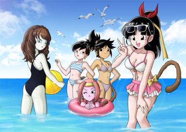 10s 5girls ball_(object) beachball bikini bird black_eyes black_hair blue_eyes blush breasts brown_hair colored_skin dragon_ball dragon_ball_heroes earrings eyewear_on_head female forte_(dragon_ball) frilled_bikini frills innertube jewelry karoine multiple_females multiple_girls nico_(dragon_ball) nimu_(dragon_ball) note_(dragon_ball) ocean one-piece_swimsuit orange_hair pink_skin ponytail saiyan seagull sunglasses swim_ring swimsuit tail v viola_(dragon_ball) wairu_(dragon_ball_heroes) white_skin
