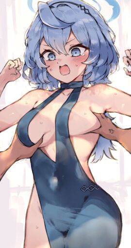 ako_(blue_archive) ako_(dress)_(blue_archive) angry angry_expression angry_face bare_shoulders big_breasts blue_archive blue_dress blue_hair blue_halo blush breast_grab breasts cleavage covered_breasts covered_nipples curvy curvy_figure double_breast_grab dress female grabbing grabbing_another's_breast grabbing_breasts groping groping_breasts halo light-skinned_female light_skin open_clothes open_dress open_mouth plastic_night_q prefect_team_(blue_archive) sideboob simple_background stomach surprised sweat sweatdrop sweating taller_female tears white_skin