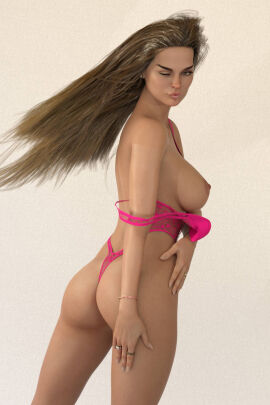 1girls 3d ass blonde_hair bra female one_eye_closed original panties pink_bra pink_panties pink_thong thong thong_panties tommy9927 topless topless_female