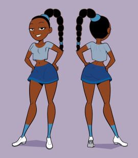back_view black_hair braid chloe_(hey_arnold!) dark-skinned_female deemlyart female front_view hands_on_hips hey_arnold! highres miniskirt navel nickelodeon seductive_look shirt simple_background standing teenage_girl younger_female