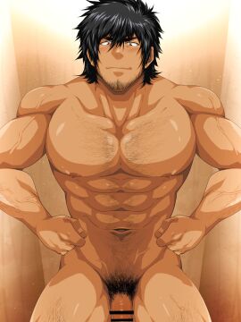1boy abs arm_hair bara beard_stubble beefy biceps big_areola big_breasts big_penis black_hair blush breasts censor_bar censored censored_penis chest_hair collarbone daddy dilf flaccid gay hand_on_waist hi_res hunk leg_hair male male_breasts male_only manly mature_male medium_hair murakami_tarosu muscles muscular muscular_arms muscular_legs muscular_male muscular_thighs navel oppai original original_character pecs penis pointless_censoring pubic_hair purple_eyes quadriceps six_pack smile smirk solo standing thick_eyebrows thick_penis thisarmor tough_guy veiny_arms veiny_legs veiny_stomach wooden_wall yaoi