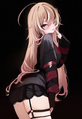 1girls ahoge ass black_shirt black_skirt blush breasts brown_eyes brown_hair female hair_between_eyes hair_over_one_eye hololive hololive_english hololive_english_-council- hololive_english_-promise- koahri large_breasts long_hair multicolored_hair nanashi_mumei nanashi_mumei_(emo) one_eye_closed solo straight_hair thighs tongue tongue_out tongue_piercing virtual_youtuber white_hair