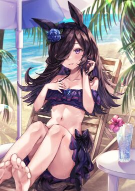 bikini black_hair breasts feet female petite purple_eyes rice_shower_(umamusume) small_breasts umamusume