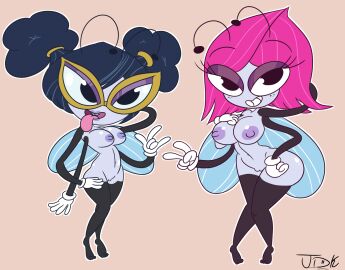 4_arms antennae_(anatomy) anthro arthropod black_legs blue_hair breasts clothing disney duo eyewear female fly_(animal) freckled_face freckles genitals glasses gloves hair handwear insect_wings insects jdkdoodles maggie_pesky multi_arm multi_limb nude pink_hair ponytail purple_body pussy rayna_cartflight the_buzz_on_maggie vulva white_clothing white_gloves white_handwear wings yellow_eyewear yellow_glasses