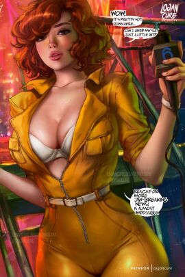 1girls april_o'neil april_o'neil_(tmnt_1987) artist_logo artist_name belt boobs bra bra_peek breasts brown_eyes brown_hair city clothed clothed_female curly_hair deviantart_link deviantart_username dialogue english_text female light-skinned_female light_skin lips logan_cure microphone news_reporter patreon_username seductive short_hair solo speech_bubble teenage_mutant_ninja_turtles tits tmnt_1987 unzipped unzipped_bodysuit unzipping watermark white_belt white_bra white_wristband yellow_jumpsuit zipper