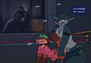 anal anal_sex anthro aroused_face asphixiation asphyxiation belt_bondage bobbie_(rotten_robbie) bodily_fluids canid canine canis damien_(rotten_robbie) distracted distracted_sex doggy_style duo fox from_behind_position genital_fluids hi_res leaking_precum male male/male mammal movie_theater penetration precum rotten_robbie rough_sex sex truly_(drink) wolf