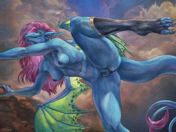 anthro bent_over biformis bodily_fluids clothing cloud dragon ear_piercing ear_ring female footwear genital_fluids hair hi_res membrane_(anatomy) membranous_wings mythological_creature mythological_scalie mythology one_leg_up painting_(artwork) piercing pink_hair pussy pussy_juice_string raised_leg ring_piercing scalie solo tail tail_tuft toeless_footwear traditional_media_(artwork) tuft vaginal_fluids watercolor_(artwork) wings