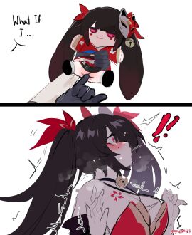 !! 1girls absurd_res ahe_gao ahegao ahegao_face body_control character_doll doll english_text female fingering hair_ornament high_heels honkai:_star_rail kurenaiz1 mask mask_on_head mind_control obi pink_eyes plushie remote_transfer sparkle_(doll)_(honkai:_star_rail) sparkle_(honkai:_star_rail) sparkle_doll_meme surprised tattoo_on_chest twintails two_panel_image variant_set voodoo voodoo_doll