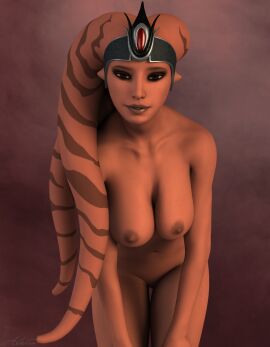 1girls 3d alaira breasts brown_eyes female headwear large_breasts leaning_forward looking_at_viewer naked nude nude_female orange_skin original_character pussy star_wars twi'lek