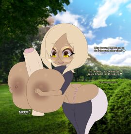 1girls 2025 2d 2d_(artwork) absurd_res amber_eyes areola ass ass_cheeks big_booty big_breasts big_butt blonde_hair booty breasts breasts_bigger_than_head brown_nipples brown_skin brown_skinned_female bubble_butt bushes cleavage curvy_female curvy_figure cute_fang dark-skinned_female dark_skin dialogue digital_drawing_(artwork) digital_media_(artwork) english_text featureless_crotchleggings female flat_colors forest g-string grass gyaru hair hourglass_figure huge_booty huge_breasts huge_butt human humanoid humanoid_penis interracial male navel nipples nirriti original original_character outdoor_nudity outdoors outdoors_sex outercourse outside outside_sex paizuri penis sex short_hair shortstack sky spandex talking_to_viewer thong titjob tree voluptuous_female wide_hips yoga_pants