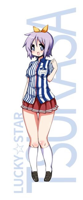 1girls blue_eyes blush character_name copyright_name employee_uniform female lawson looking_at_viewer lucky_star mizushima_(p201112) open_mouth pleated_skirt purple_hair red_skirt short_hair skirt smiling_at_viewer socks solo tagme tsukasa_hiiragi uniform white_background