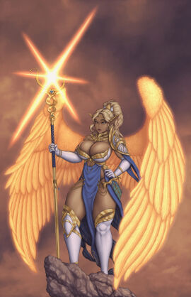 armor big_breasts blonde_hair breasts brown_eyes clothed dark-skinned_female dark_skin elf elf_ears elf_female female female_focus female_only gloves gold_jewelry huge_breasts large_breasts long_hair original original_character ponytail satyrsatyr staff stockings sword tagme thick_thighs wide_hips wings