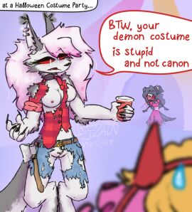 5_fingers anthro avian avian_demon axe bird bodily_fluids bottomwear breasts canid canid_demon canine canis casual_exposure casual_nudity choker clothing container cosplay costume costume_party cup demon demon_costume demon_horns_(accessory) denim denim_bottomwear denim_clothing dialogue djannetur domestic_dog ear_piercing english_description english_text exhibitionism female fingers genitals group hair halloween heart_eyes heart_symbol hellhound helluva_boss hi_res holidays jeans jewelry long_nails loona_(helluva_boss) love_at_first_sight lumberjack mammal mythological_canine mythological_creature mythology nails navel navel_piercing necklace nipples nosebleed octavia_(helluva_boss) offscreen_character owl owl_demon pants party piercing pink_hair portrait princess princess_costume pubes pubes_exposed pussy red_cup red_eyes royalty shirt signature solo_focus speech_bubble spiked_choker sweat sweatdrop tail text topwear torn_bottomwear torn_clothing torn_jeans torn_pants torn_shirt torn_topwear trio wardrobe_malfunction werecanid werecanine werecreature werewolf wolf