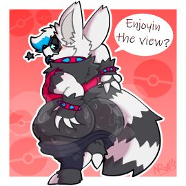 alternative_fashion anthro ass ass_focus ass_grab blush bodily_fluids bottomwear bottomwear_down bracelet butt_focus butt_grab clothed clothing collar dialogue galarian_form galarian_zigzagoon generation_3_pokemon generation_8_pokemon hand_on_ass hand_on_butt hi_res jewelry male male_only musk nintendo ozzy_(joyjoltik) pants pants_down partially_clothed pknicky pokemon pokemon_(species) punk regional_form_(pokemon) solo speech_bubble spiked_bracelet spiked_collar spikes sweat sweaty_ass sweaty_butt zigzagoon