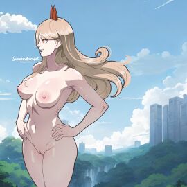 1girls blonde_hair chainsaw_man demon demon_girl demon_horns fangs female hands_on_hips horns long_hair nude nude_female outdoors power_(chainsaw_man) pussy shaved_pussy solo solo_female superaxlart vhfd yellow_eyes